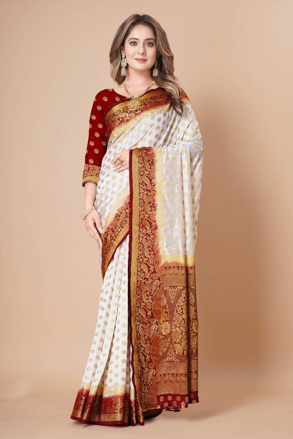 Wedding Wear White & Maroon Woven Gold Jari Cotton Silk Banarasi Saree With Blouse