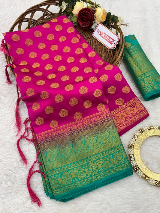 Prasthan Pink(Rani)& Green Woven Gold Jari Cotton Silk Banarasi Saree With Blouse