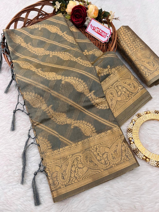 Prasthan Grey Woven Gold Jari Organja Silk Kanjivaram Saree With Heavy Brocade Blouse
