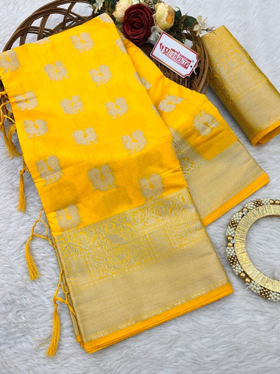 Prasthan Gold Woven Silver Jari Cottan Raw Silk Kanjivaram Saree With Heavy Brocade Blouse