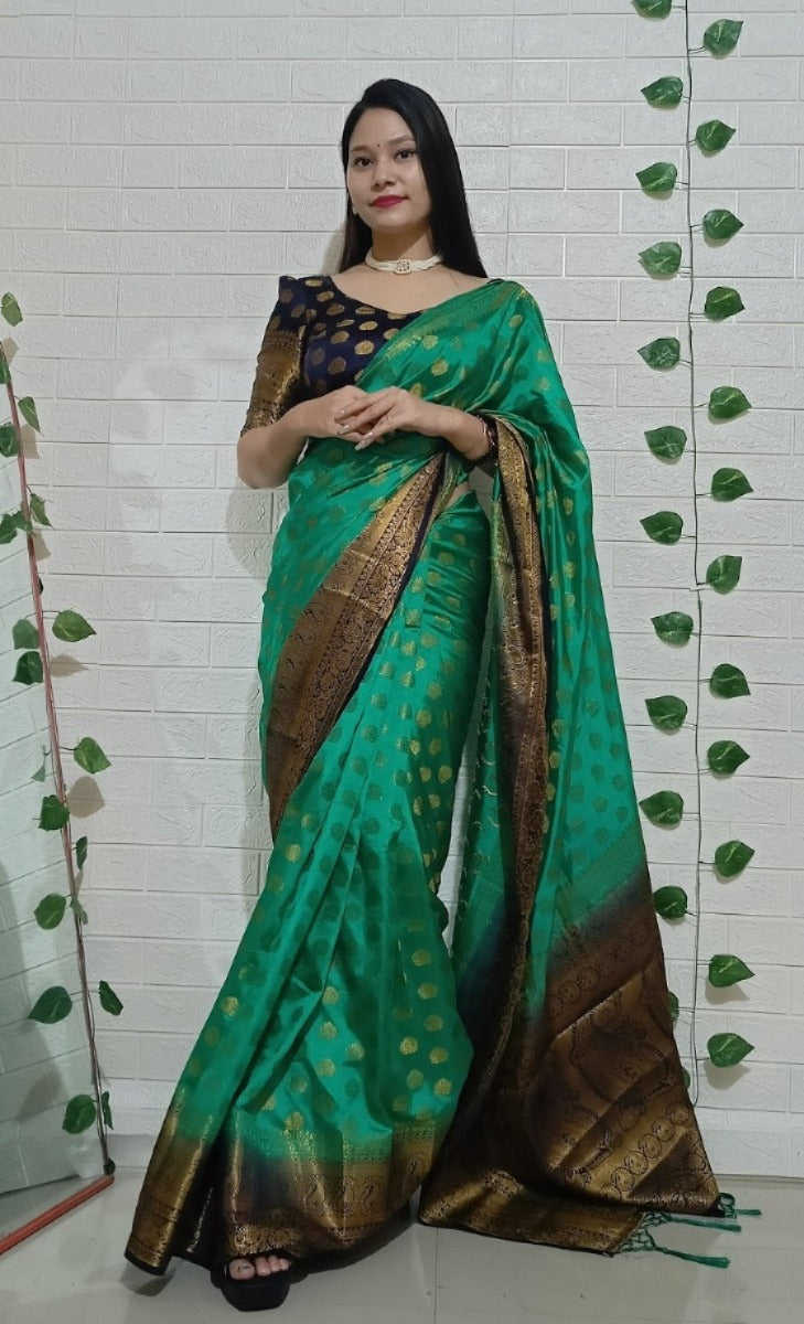 Prasthan Green & Navy Blue Woven Gold Jari Cotton Silk Banarasi Saree With Blouse