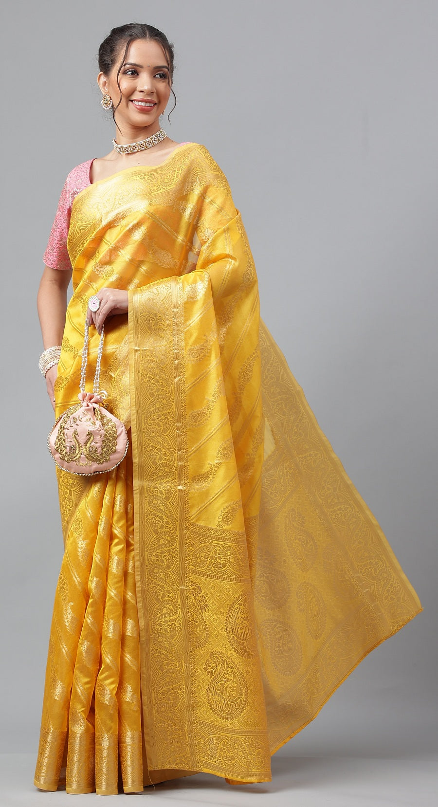 PartyWear Gold Woven Gold Jari Organja Silk Kanjivaram Saree With Heavy Brocade Blouse