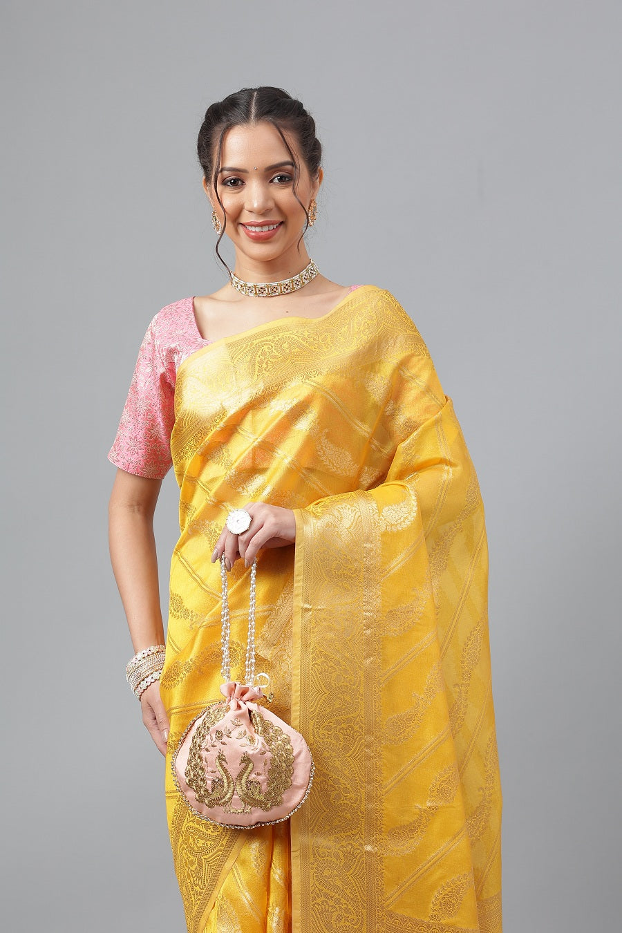 PartyWear Gold Woven Gold Jari Organja Silk Kanjivaram Saree With Heavy Brocade Blouse