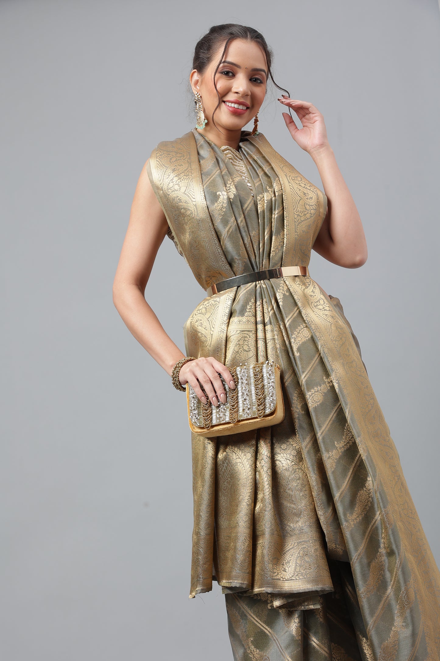 PartyWear Grey Woven Gold Jari Organja Silk Kanjivaram Saree With Heavy Brocade Blouse