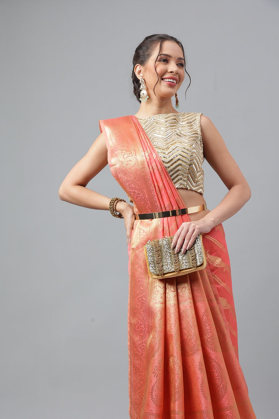 PartyWear Peach Woven Gold Jari Organja Silk Kanjivaram Saree With Heavy Brocade Blouse