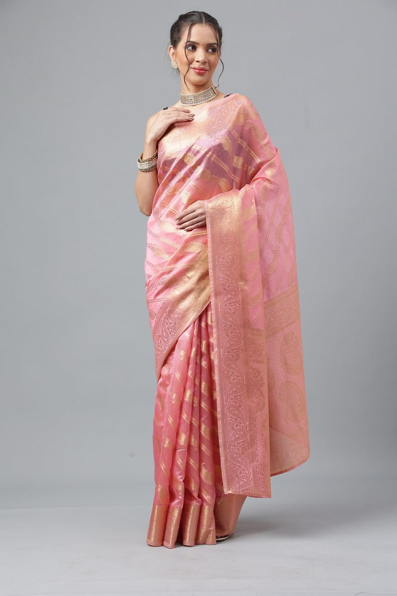 Prasthan Pink Woven Gold Jari Organja Silk Kanjivaram Saree With Heavy Brocade Blouse
