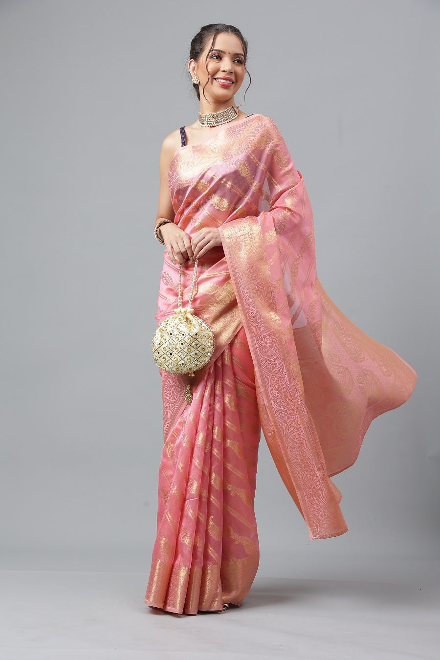 PartyWear Pink Woven Gold Jari Organja Silk Kanjivaram Saree With Heavy Brocade Blouse