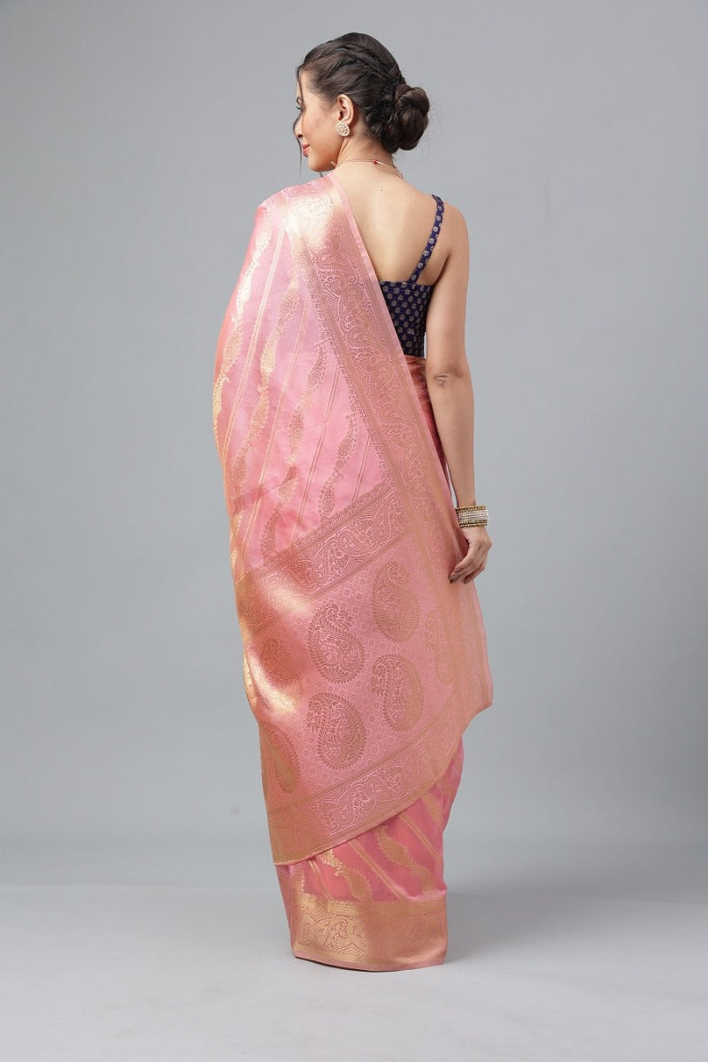 Prasthan Pink Woven Gold Jari Organja Silk Kanjivaram Saree With Heavy Brocade Blouse