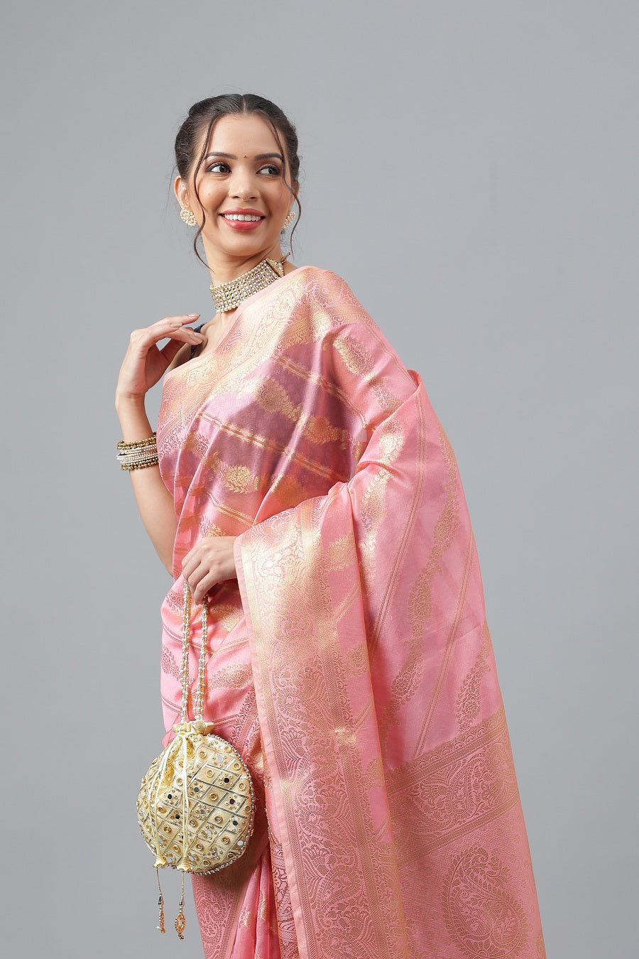 PartyWear Pink Woven Gold Jari Organja Silk Kanjivaram Saree With Heavy Brocade Blouse