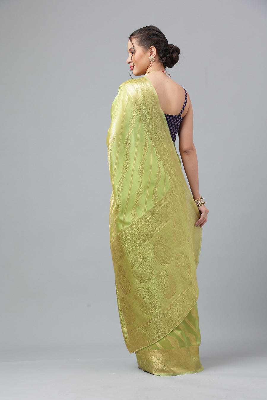 PartyWear Green Woven Gold Jari Organja Silk Kanjivaram Saree With Heavy Brocade Blouse