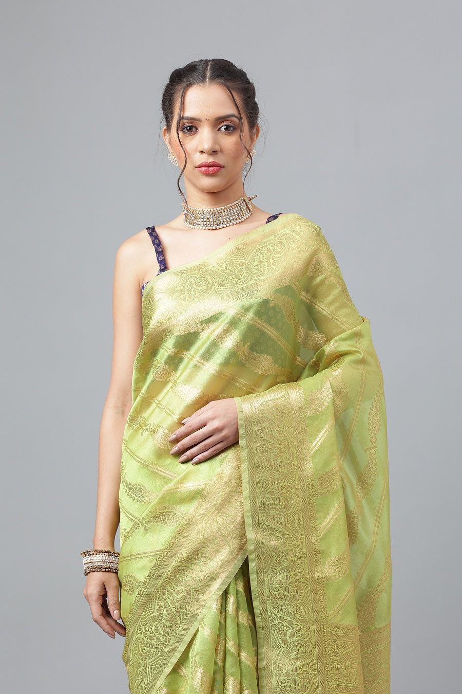 PartyWear Green Woven Gold Jari Organja Silk Kanjivaram Saree With Heavy Brocade Blouse