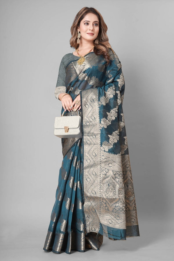 Partywear Blue Woven Gold Jari Organja Silk Kanjivaram Saree With Heavy Brocade Blouse