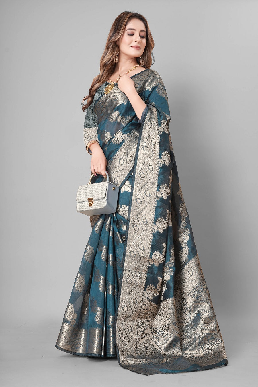 Partywear Blue Woven Gold Jari Organja Silk Kanjivaram Saree With Heavy Brocade Blouse