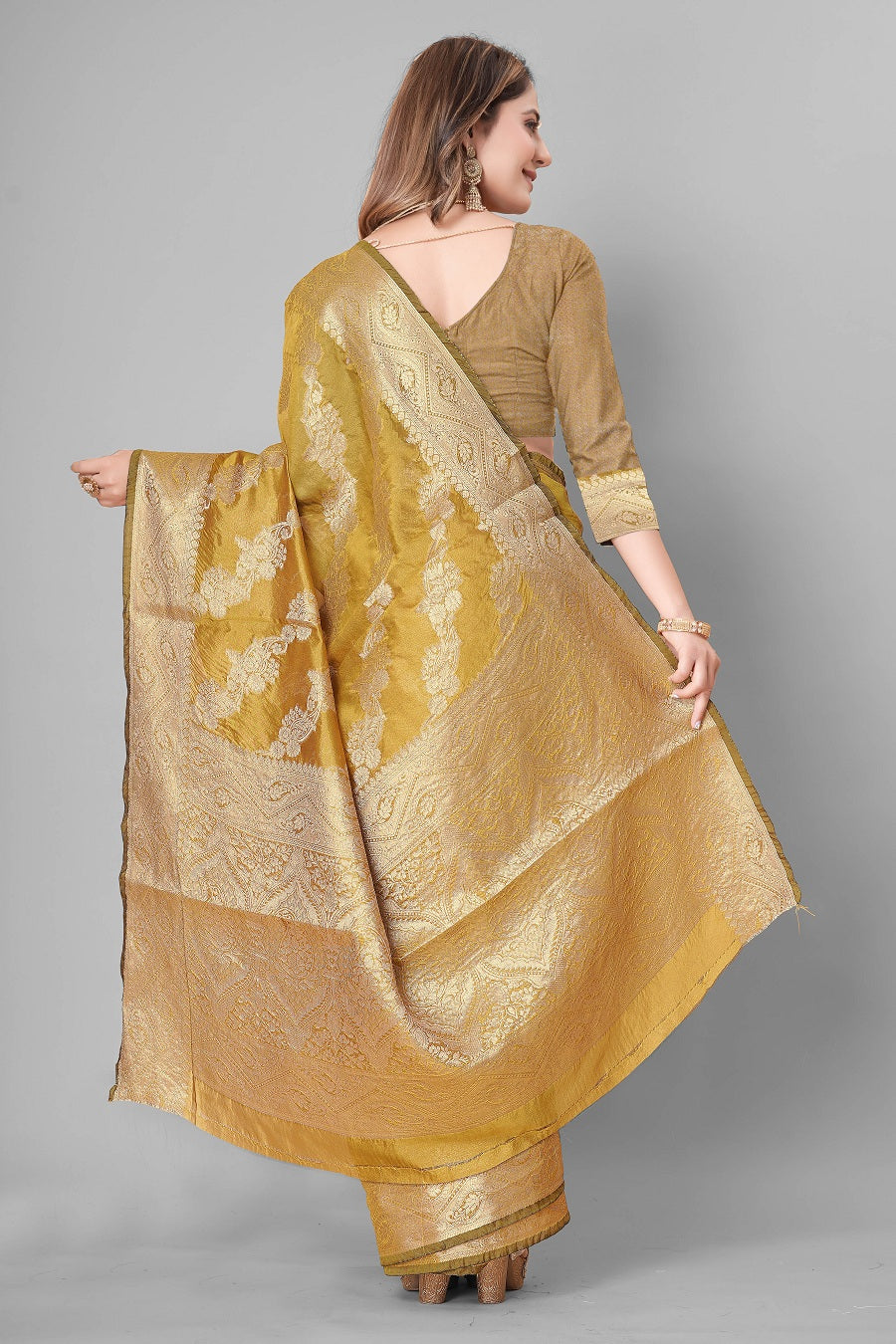 Party Wear Mahendi Woven Gold Jari Organja Silk Kanjivaram Saree With Heavy Brocade Blouse