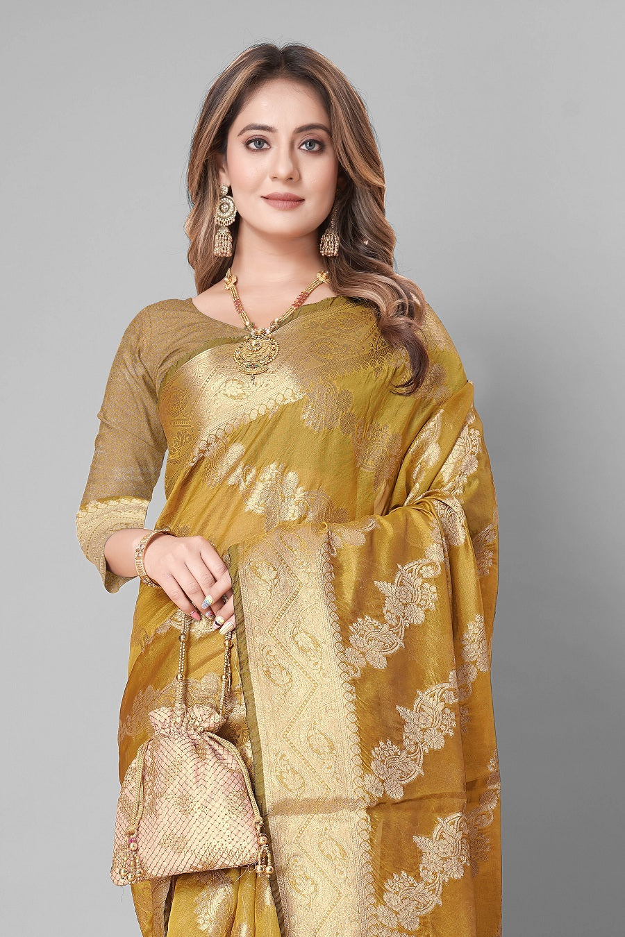 Party Wear Mahendi Woven Gold Jari Organja Silk Kanjivaram Saree With Heavy Brocade Blouse