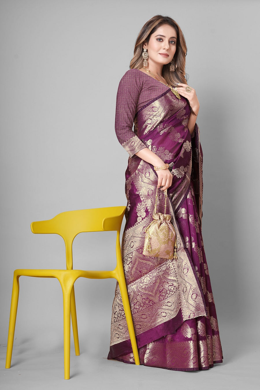 PartyWear Purple Woven Gold Jari Organja Silk Kanjivaram Saree With Heavy Brocade Blouse