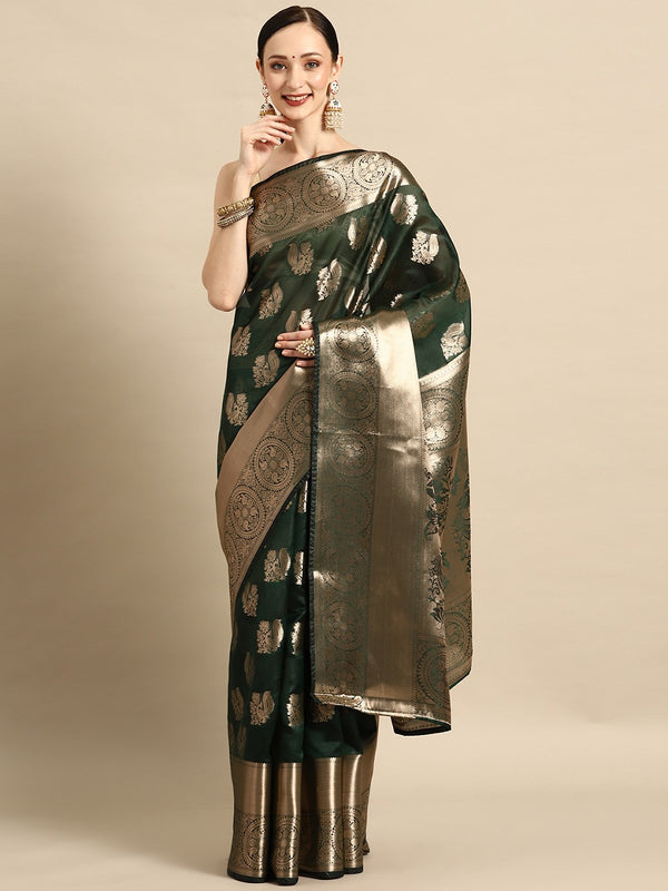 Partywear Dark Green Woven Gold Jari Organja Silk Kanjivaram Saree With Heavy Brocade Blouse