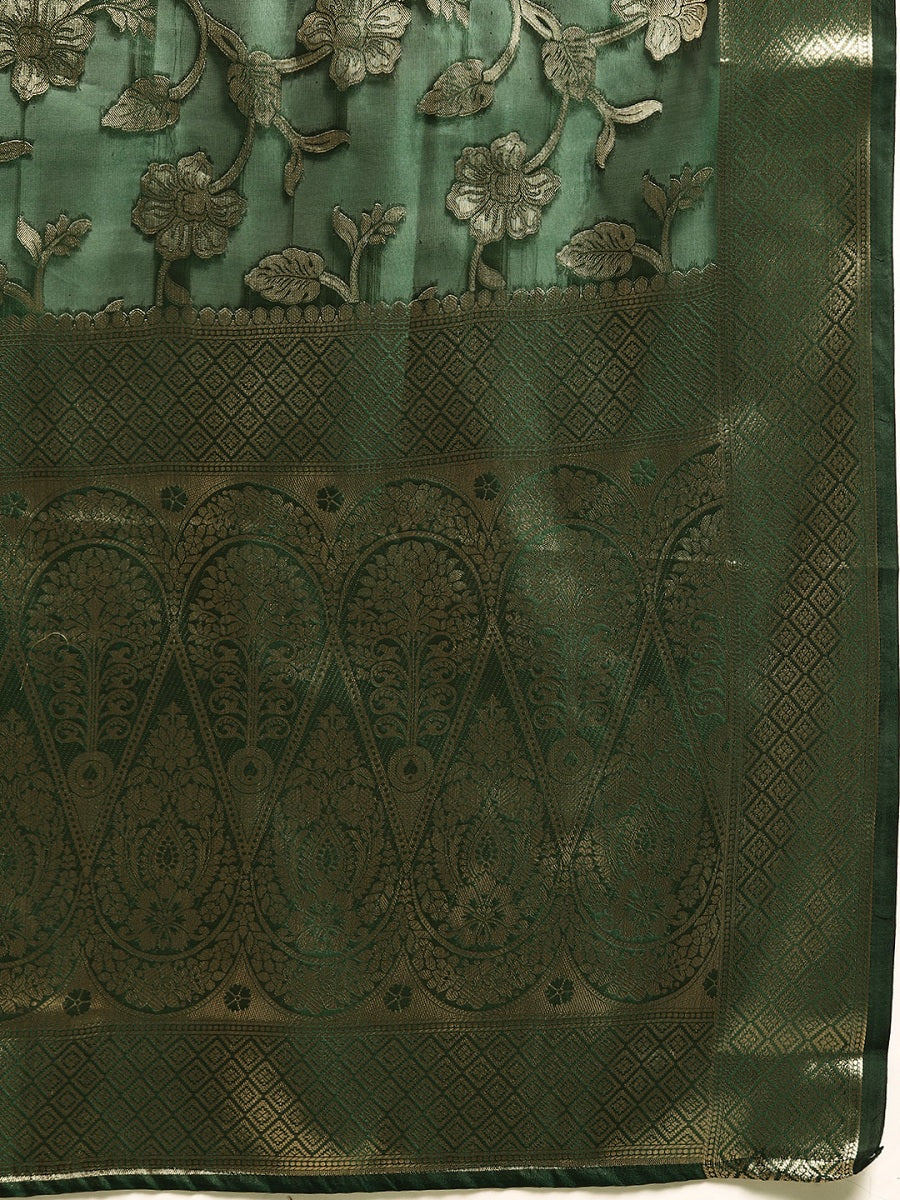 PartyWear Dark Green Woven Gold Jari Organja Silk Kanjivaram Saree With Heavy Brocade Blouse