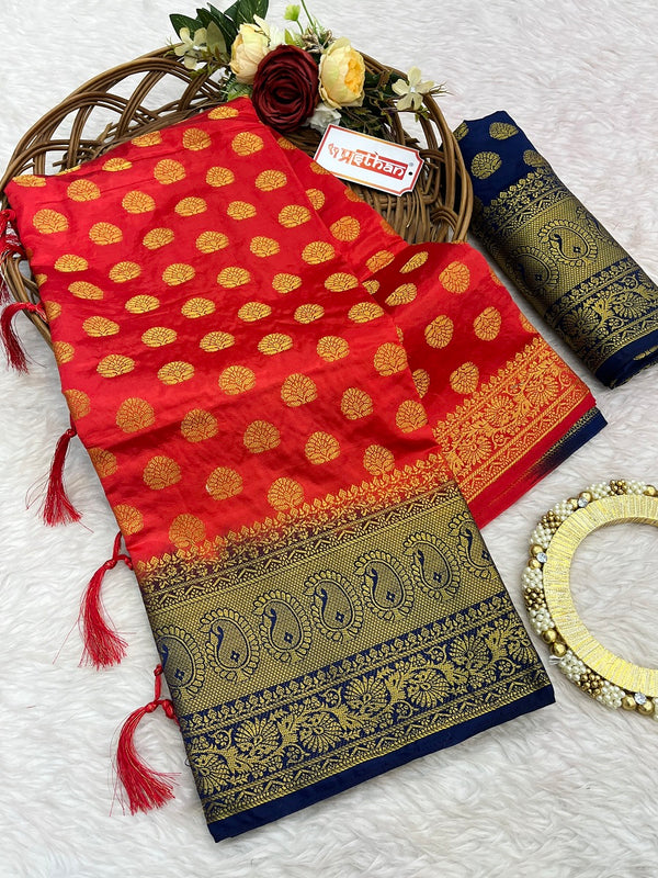 Wedding Wear Red & Navy Blue Woven Gold Zari Cotton Silk Banarasi Saree With Blouse