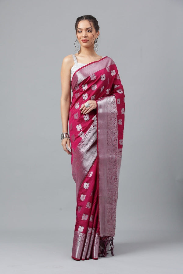 Wedding Wear Purple Woven Silver Jari Cottan Raw Silk Kanjivaram Saree With Heavy Brocade Blouse