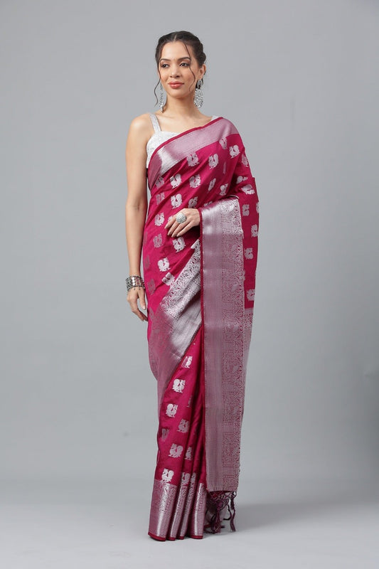Prasthan Wedding Wear Purple Woven Silver Jari Cottan Raw Silk Kanjivaram Saree With Heavy Brocade Blouse