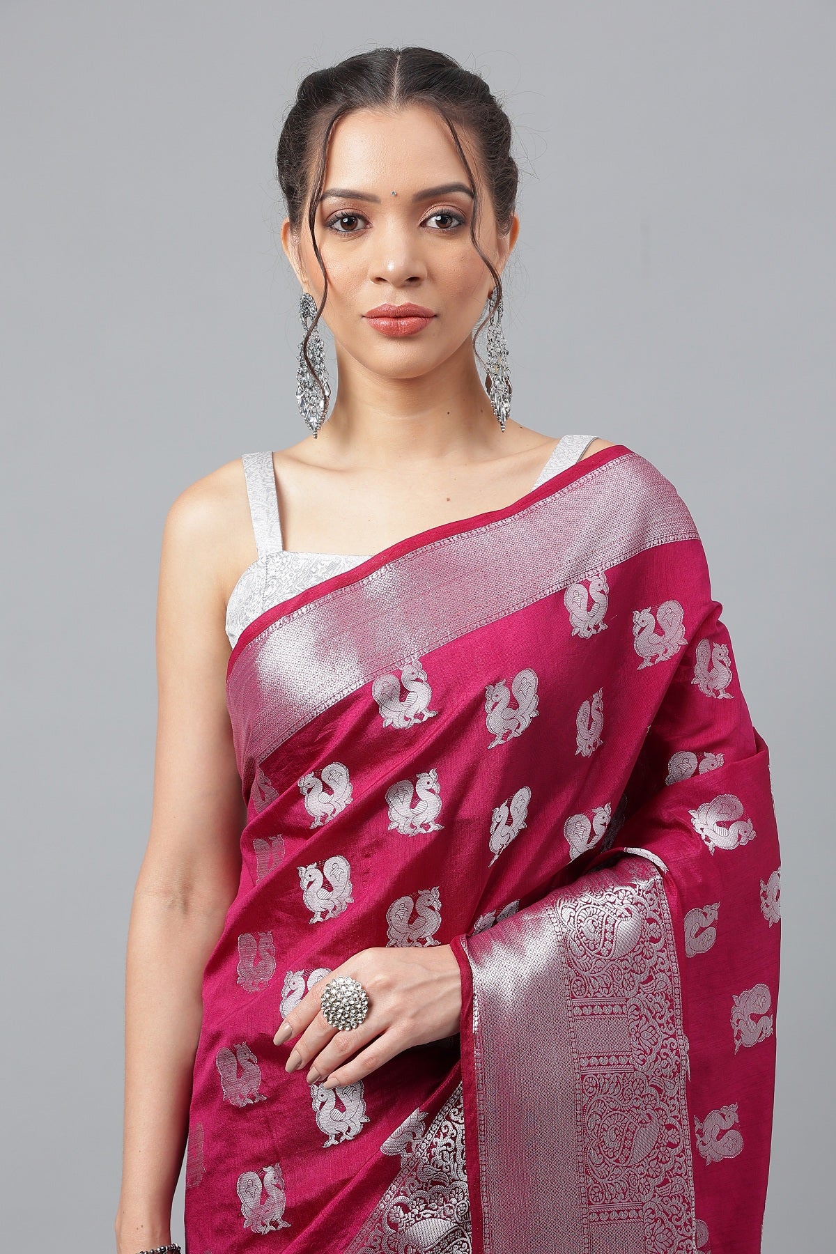 Wedding Wear Purple Woven Silver Jari Cottan Raw Silk Kanjivaram Saree With Heavy Brocade Blouse