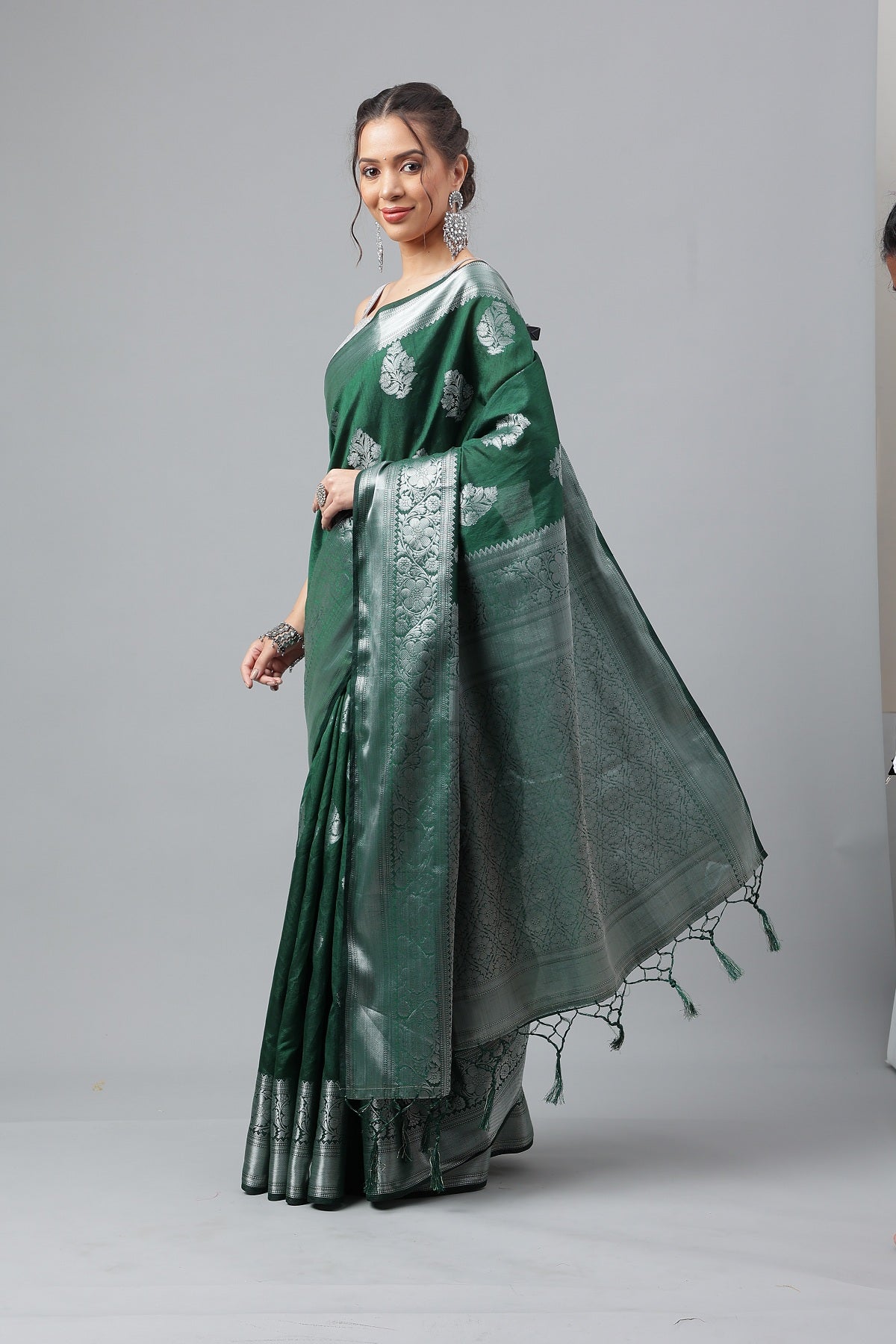 Wedding Wear Dark Green Woven Silver Jari Cottan Raw Silk Kanjivaram Saree With Heavy Brocade Blouse