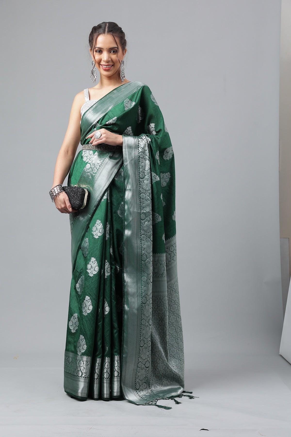 Wedding Wear Dark Green Woven Silver Jari Cottan Raw Silk Kanjivaram Saree With Heavy Brocade Blouse