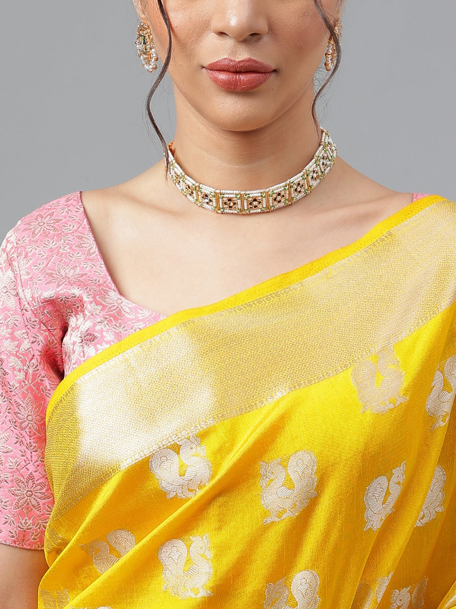 Wedding Wear Gold Woven Silver Jari Cottan Raw Silk Kanjivaram Saree With Heavy Brocade Blouse