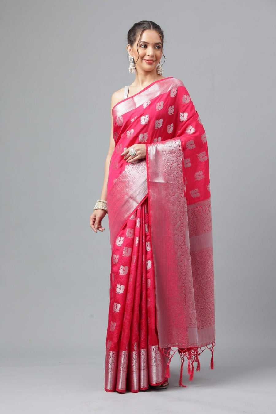 Wedding Wear Pink(Rani) Woven Silver Jari Cottan Raw Silk Kanjivaram Saree With Heavy Brocade Blouse