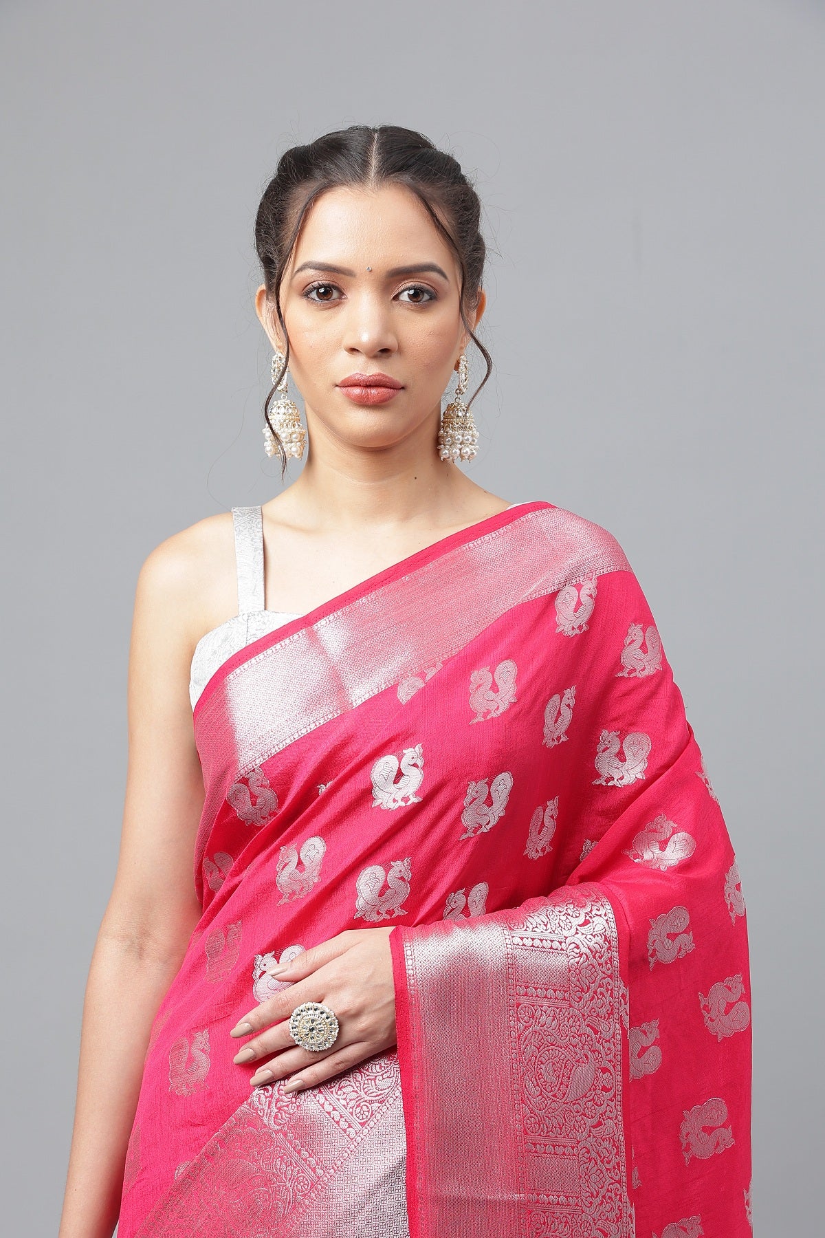 Wedding Wear Pink(Rani) Woven Silver Jari Cottan Raw Silk Kanjivaram Saree With Heavy Brocade Blouse