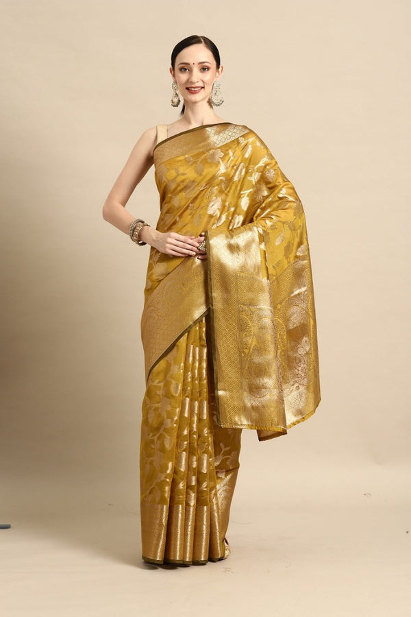 PartyWear Mahendi Woven Gold Jari Organja Silk Kanjivaram Saree With Heavy Brocade Blouse