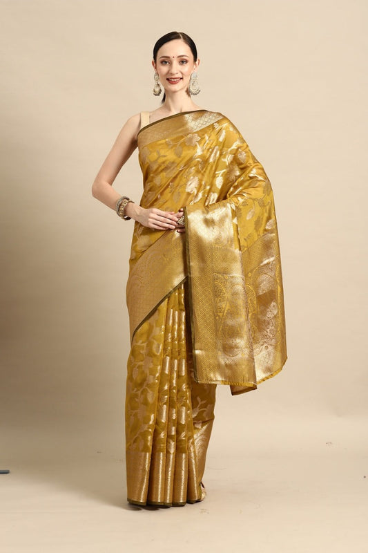 Prasthan Mahendi Woven Gold Jari Organja Silk Kanjivaram Saree With Heavy Brocade Blouse