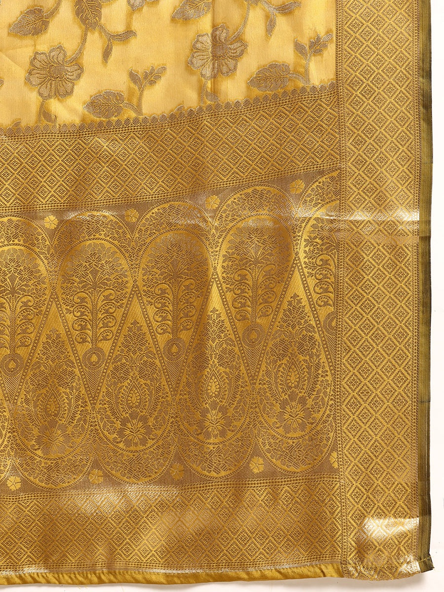 PartyWear Mahendi Woven Gold Jari Organja Silk Kanjivaram Saree With Heavy Brocade Blouse
