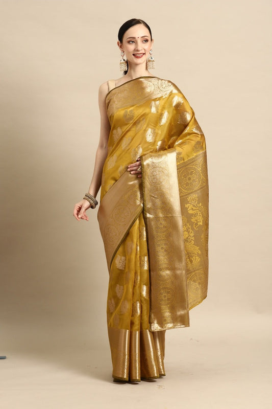 Prasthan Mahendi Woven Gold Jari Organja Silk Kanjivaram Saree With Heavy Brocade Blouse