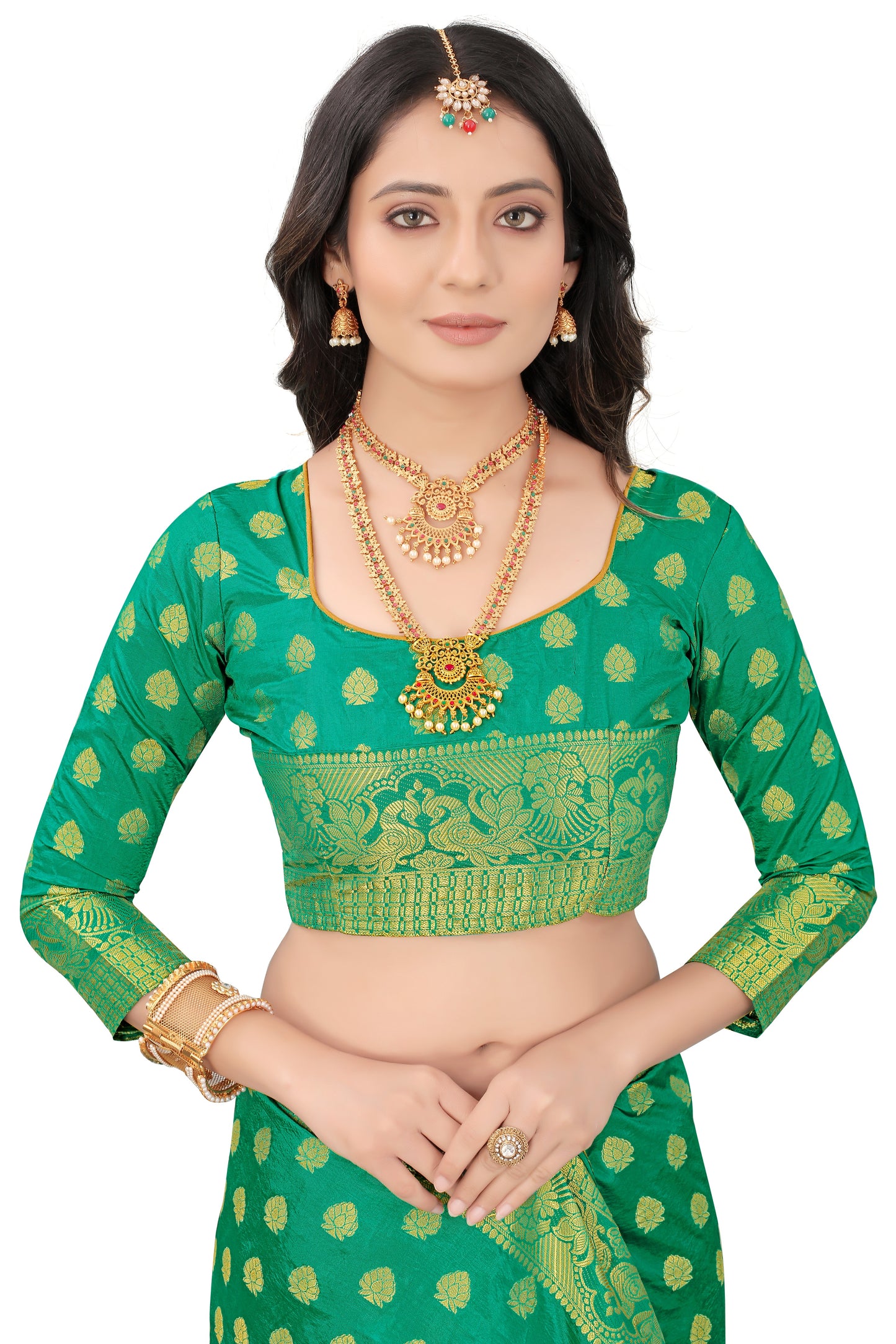 Wedding Wear Green Woven Gold Jari Cotton Silk Banarasi Saree With Blouse