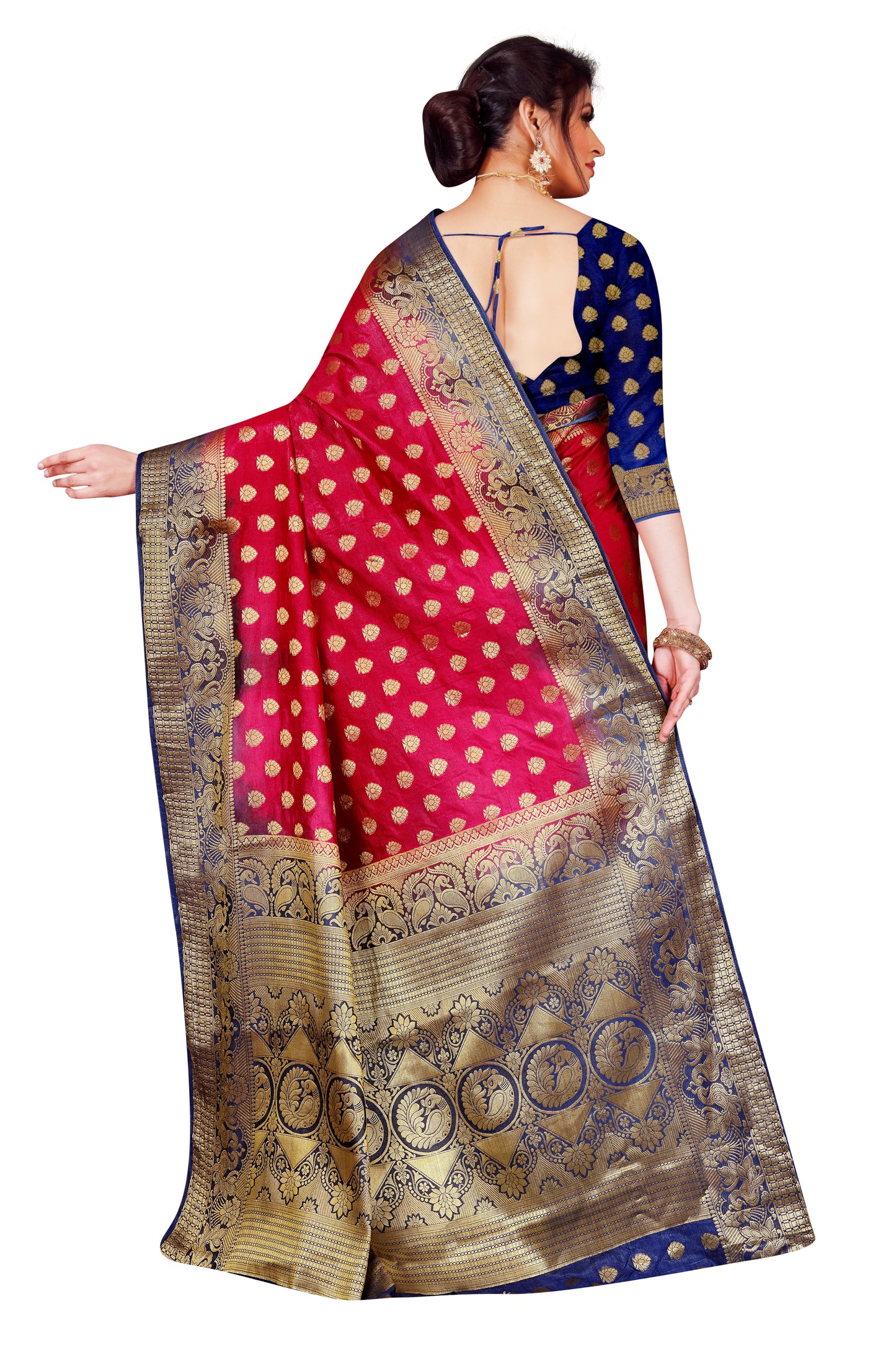 Wedding Wear Red & Navy Blue Woven Gold Jari Cotton Silk Banarasi Saree With Blouse