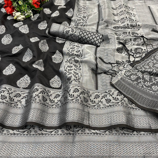 Wedding Wear Black Woven Silver Jari Cottan Raw Silk Kanjivaram Saree With Heavy Brocade Blouse