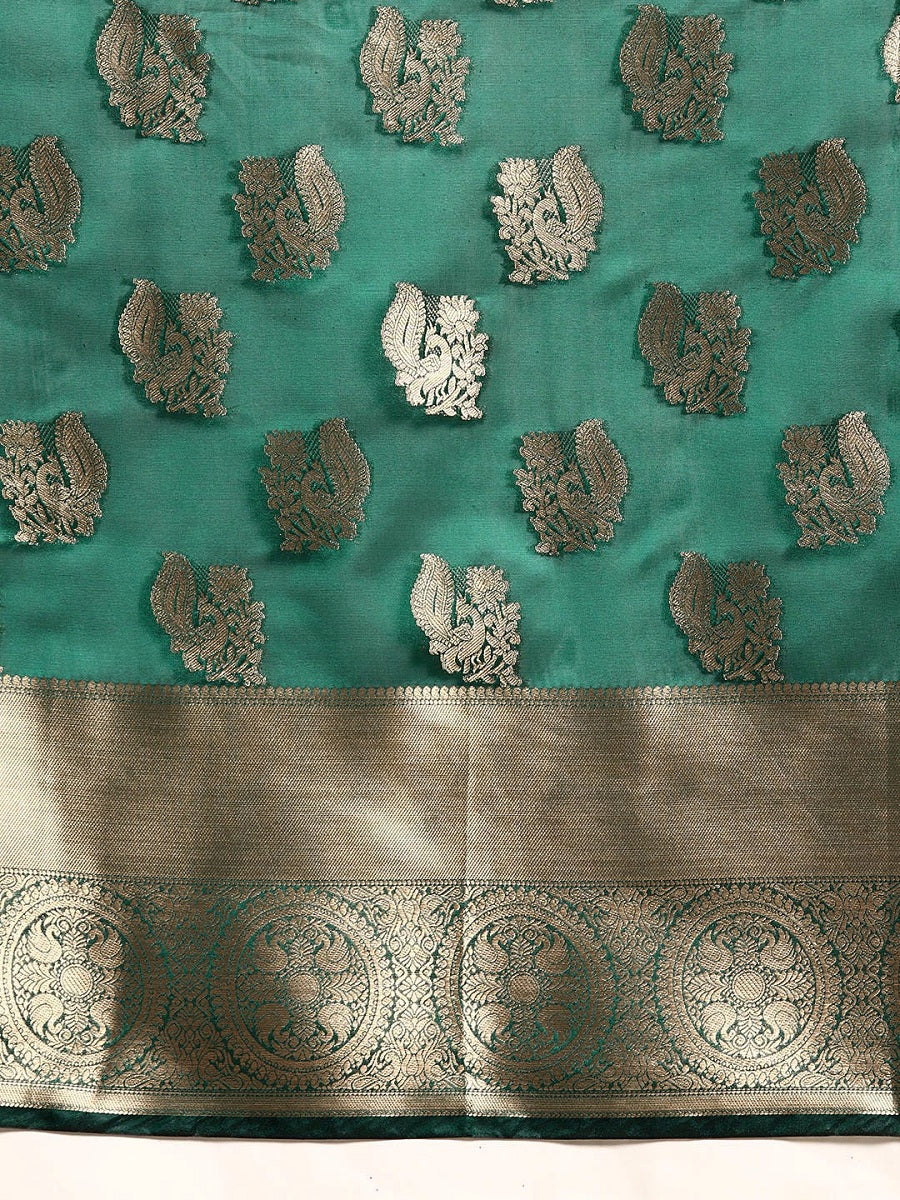 Partywear Green Woven Gold Jari Organja Silk Kanjivaram Saree With Heavy Brocade Blouse