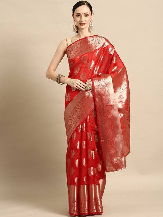 Prasthan Partywear Red Woven Gold Jari Organja Silk Kanjivaram Saree With Heavy Brocade Blouse