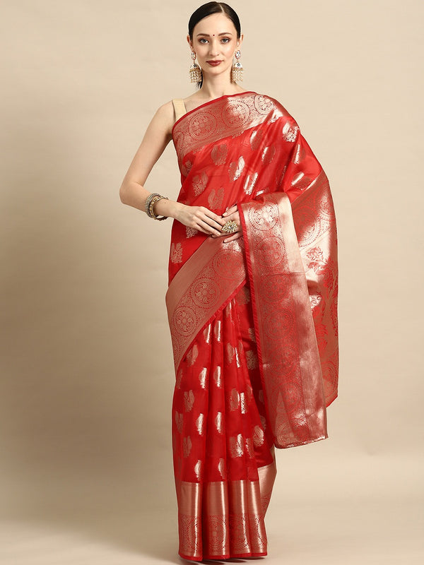 Partywear Red Woven Gold Jari Organja Silk Kanjivaram Saree With Heavy Brocade Blouse