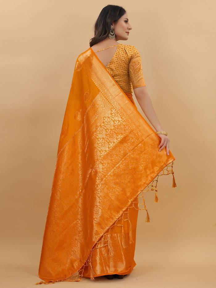 Wedding Wear Gold Woven Gold Jari Cottan Raw Silk Kanjivaram Saree With Heavy Brocade Blouse