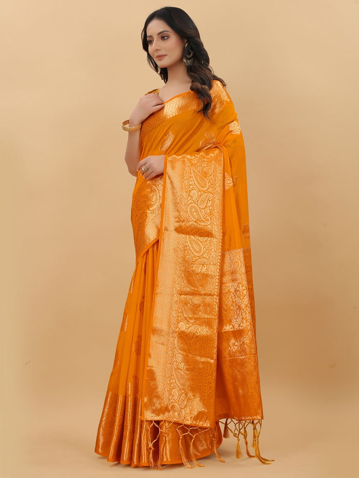 Wedding Wear Gold Woven Gold Jari Cottan Raw Silk Kanjivaram Saree With Heavy Brocade Blouse