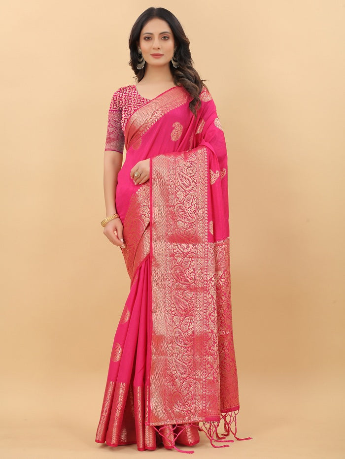 Wedding Wear Pink(Rani) Woven Gold Jari Cottan Raw Silk Kanjivaram Saree With Heavy Brocade Blouse