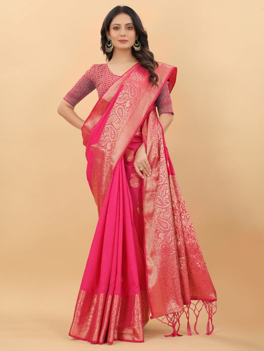 Prasthan Wedding Wear Pink(Rani) Woven Gold Jari Cottan Raw Silk Kanjivaram Saree With Heavy Brocade Blouse