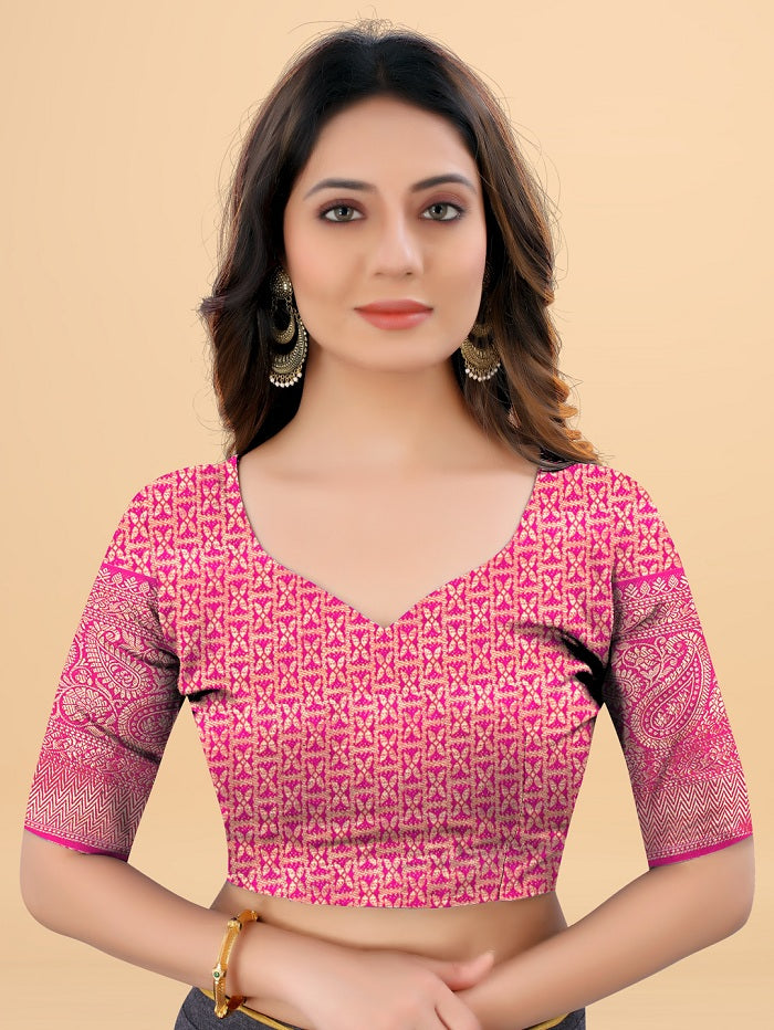 Wedding Wear Pink(Rani) Woven Gold Jari Cottan Raw Silk Kanjivaram Saree With Heavy Brocade Blouse