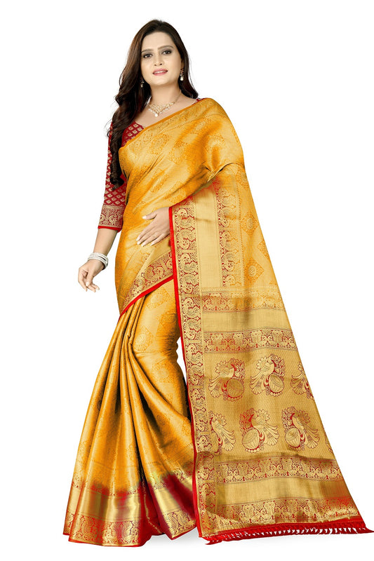 Prasthan Gold & Red Woven Gold Jari Cotton Silk Banarasi Saree With Blouse