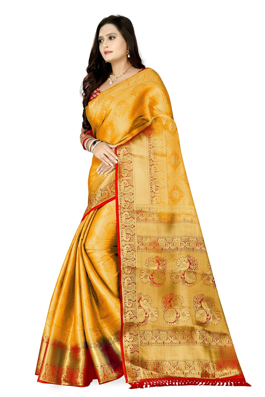 Prasthan Gold & Red Woven Gold Jari Cotton Silk Banarasi Saree With Blouse