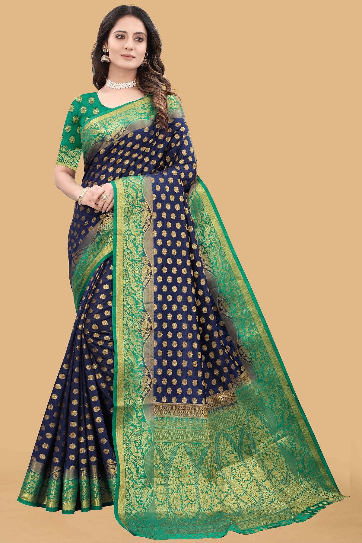 Prasthan Navy Blue & Green Woven Gold Jari Cotton Silk Banarasi Saree With Blouse
