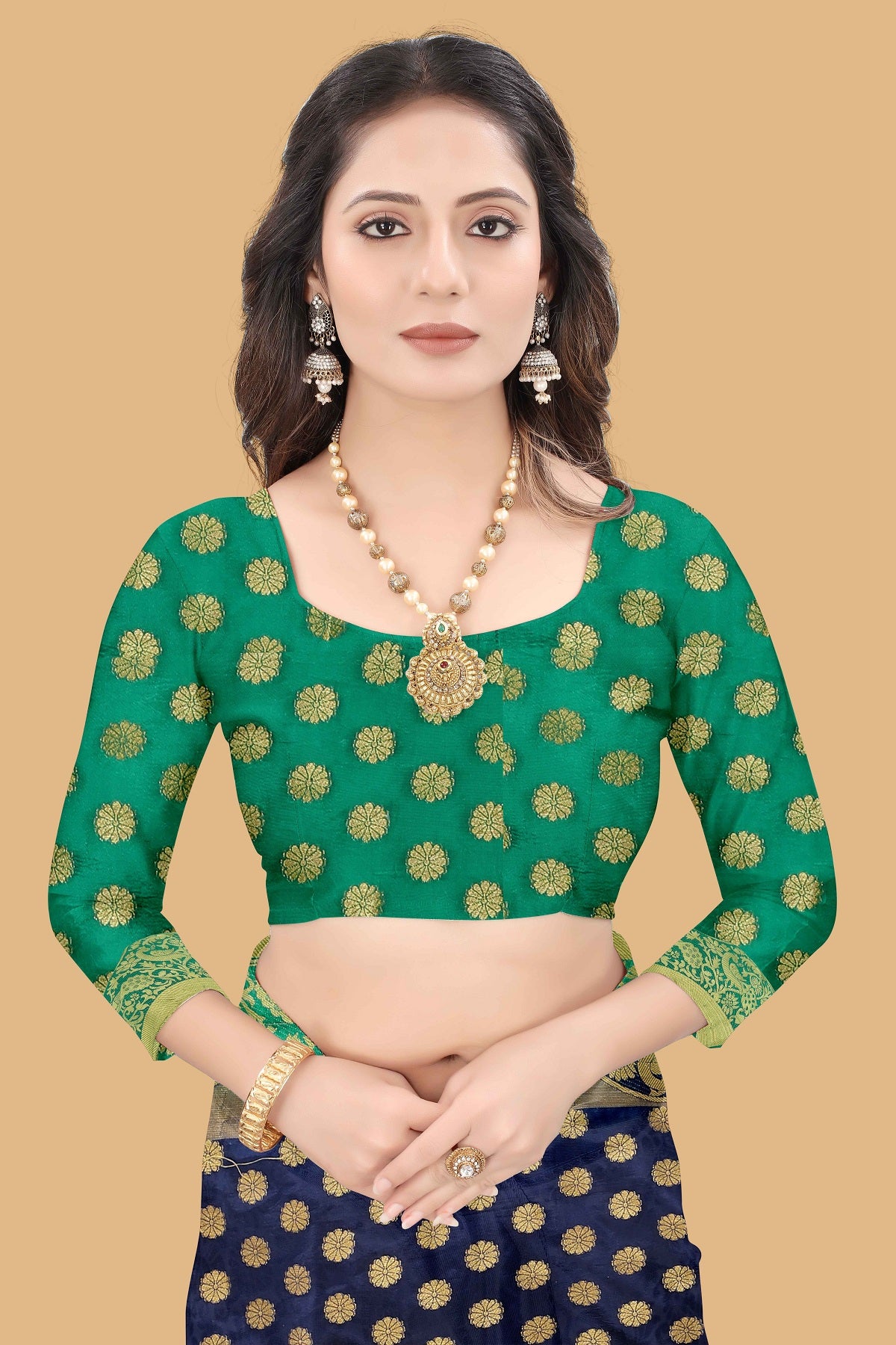 Wedding Wear Navy Blue & Green Woven Gold Jari Cotton Silk Banarasi Saree With Blouse